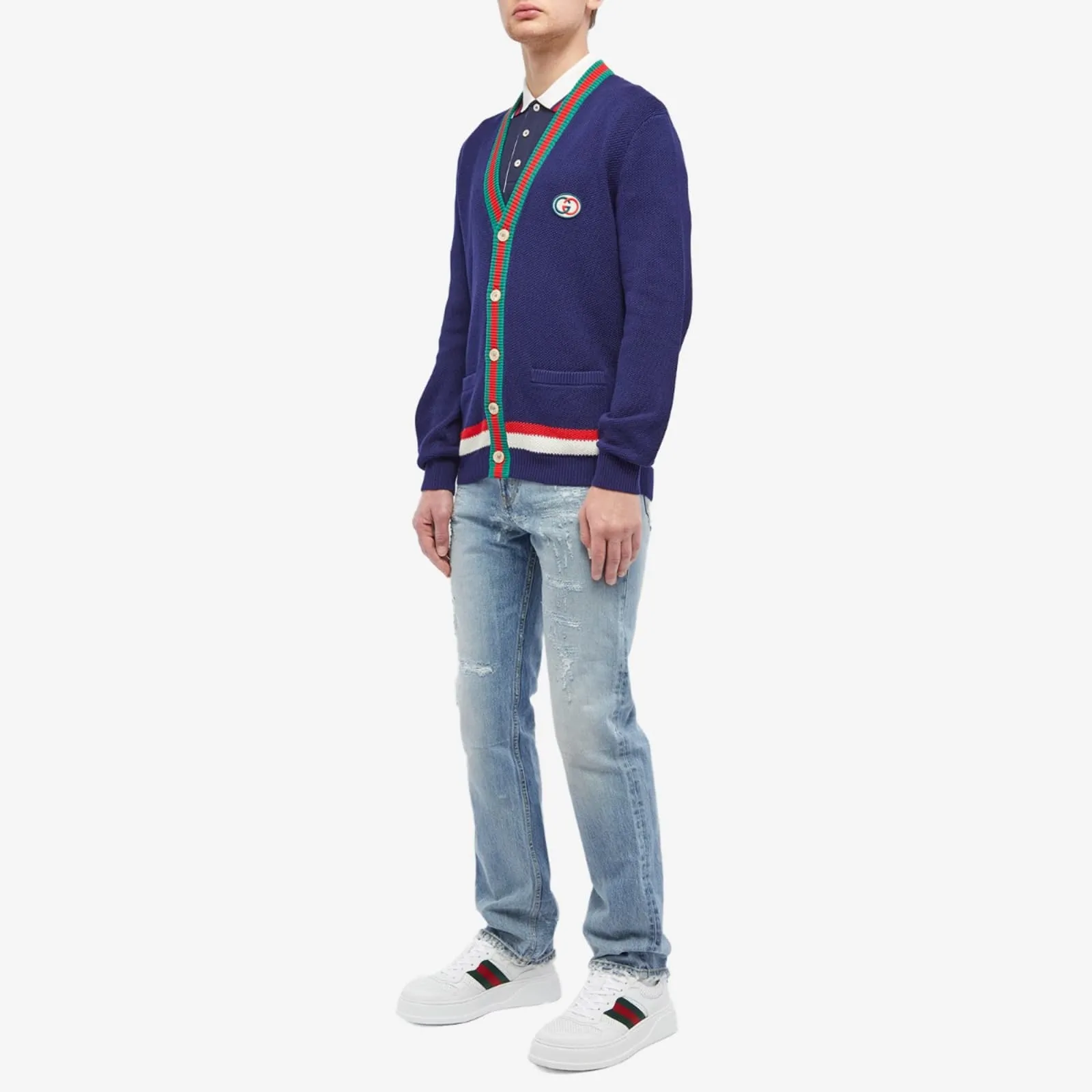 Gucci Gg Logo Stripe Placket Cardigan, navy blue