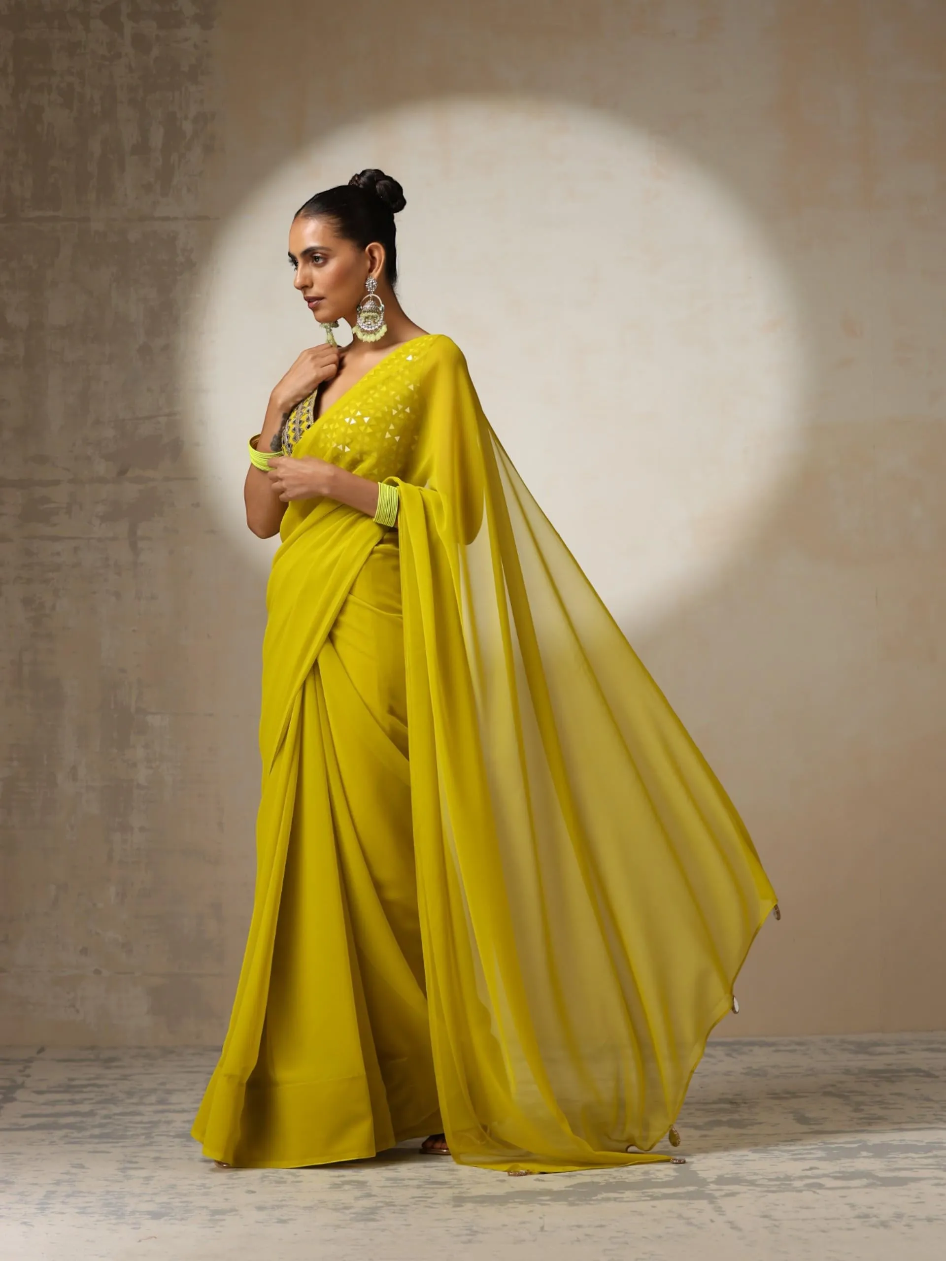 Highlighter Chiffon Saree with Mirror Pendants and Blouse Fabric and Mirror Lace