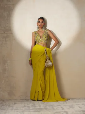 Highlighter Chiffon Saree with Mirror Pendants and Blouse Fabric and Mirror Lace