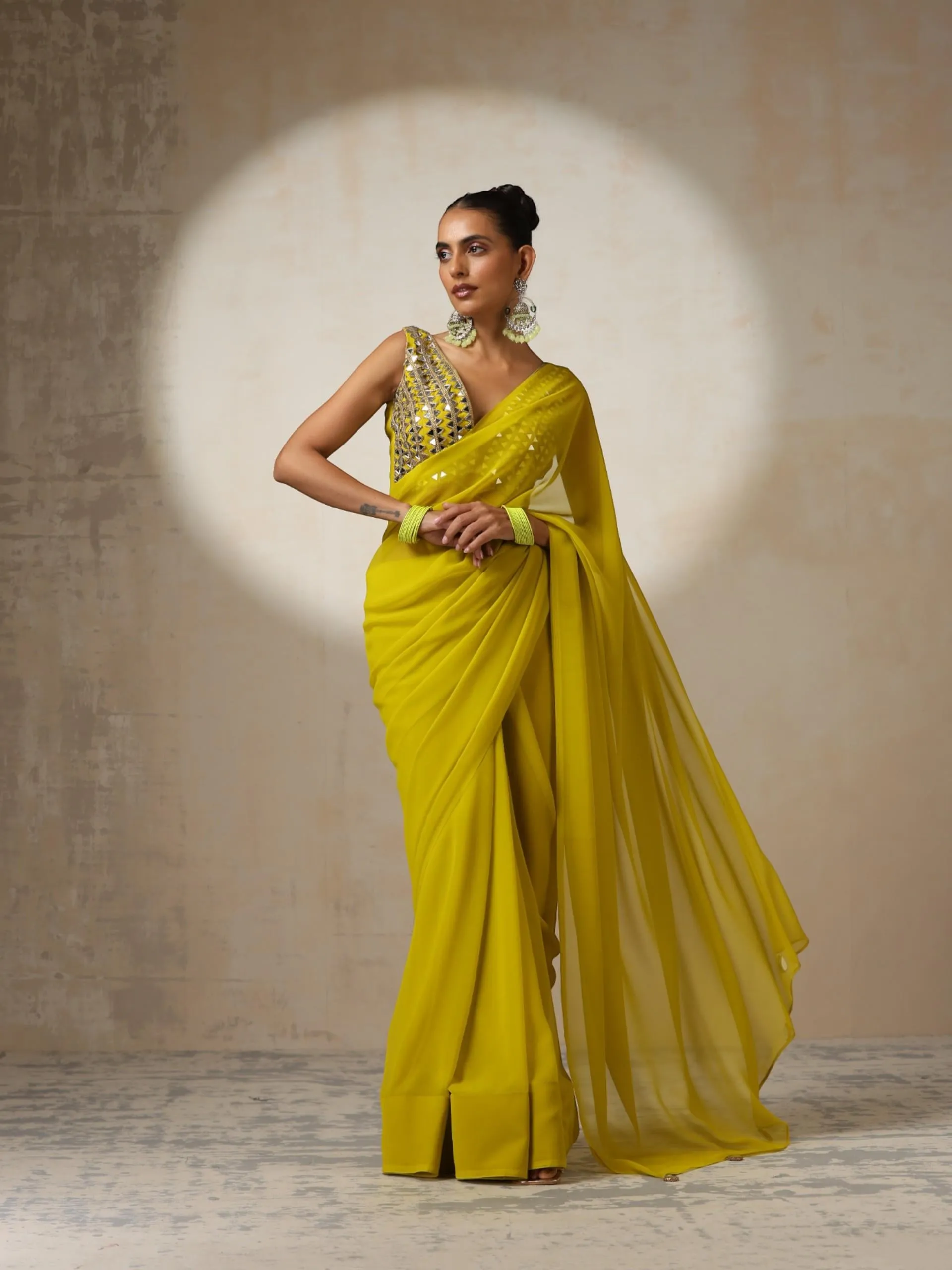 Highlighter Chiffon Saree with Mirror Pendants and Blouse Fabric and Mirror Lace