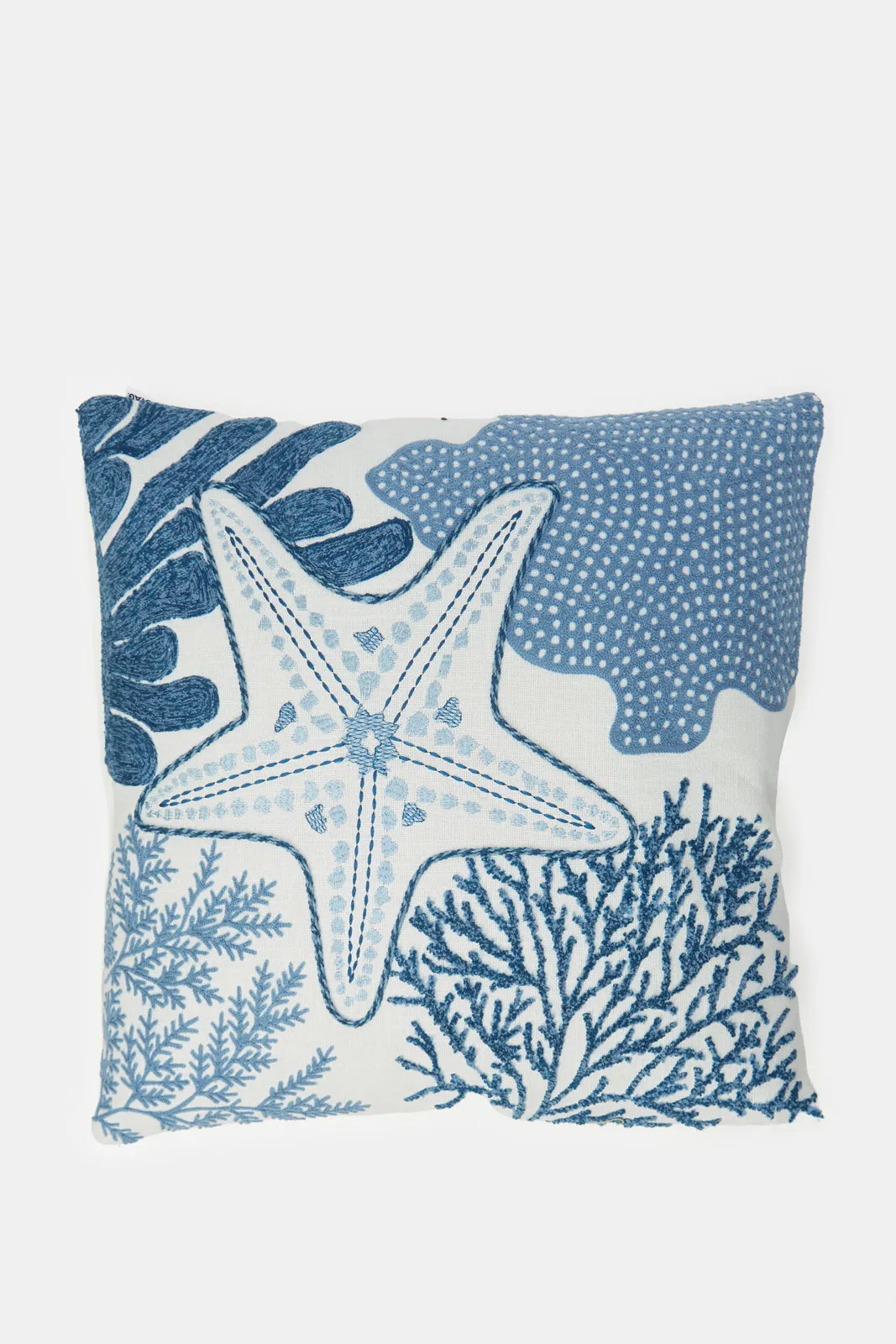 Ivory And Blue Starfish Embroidered Cushion