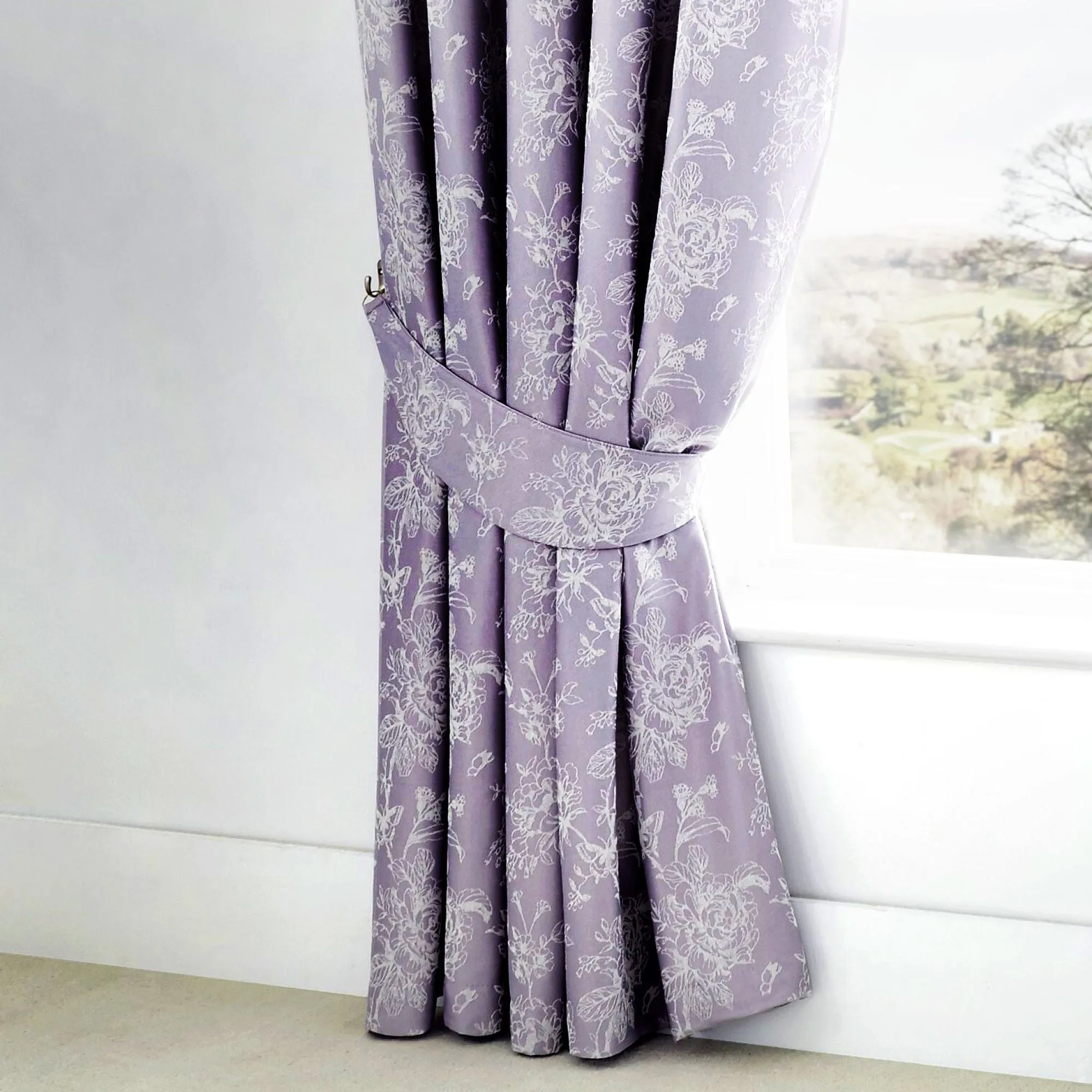 Jasmine Pair of Pencil Pleat Curtains With Tie-Backs by Dreams & Drapes Woven in Lavender