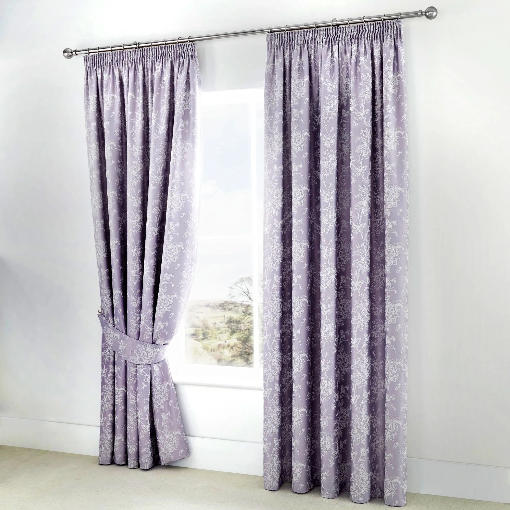 Jasmine Pair of Pencil Pleat Curtains With Tie-Backs by Dreams & Drapes Woven in Lavender