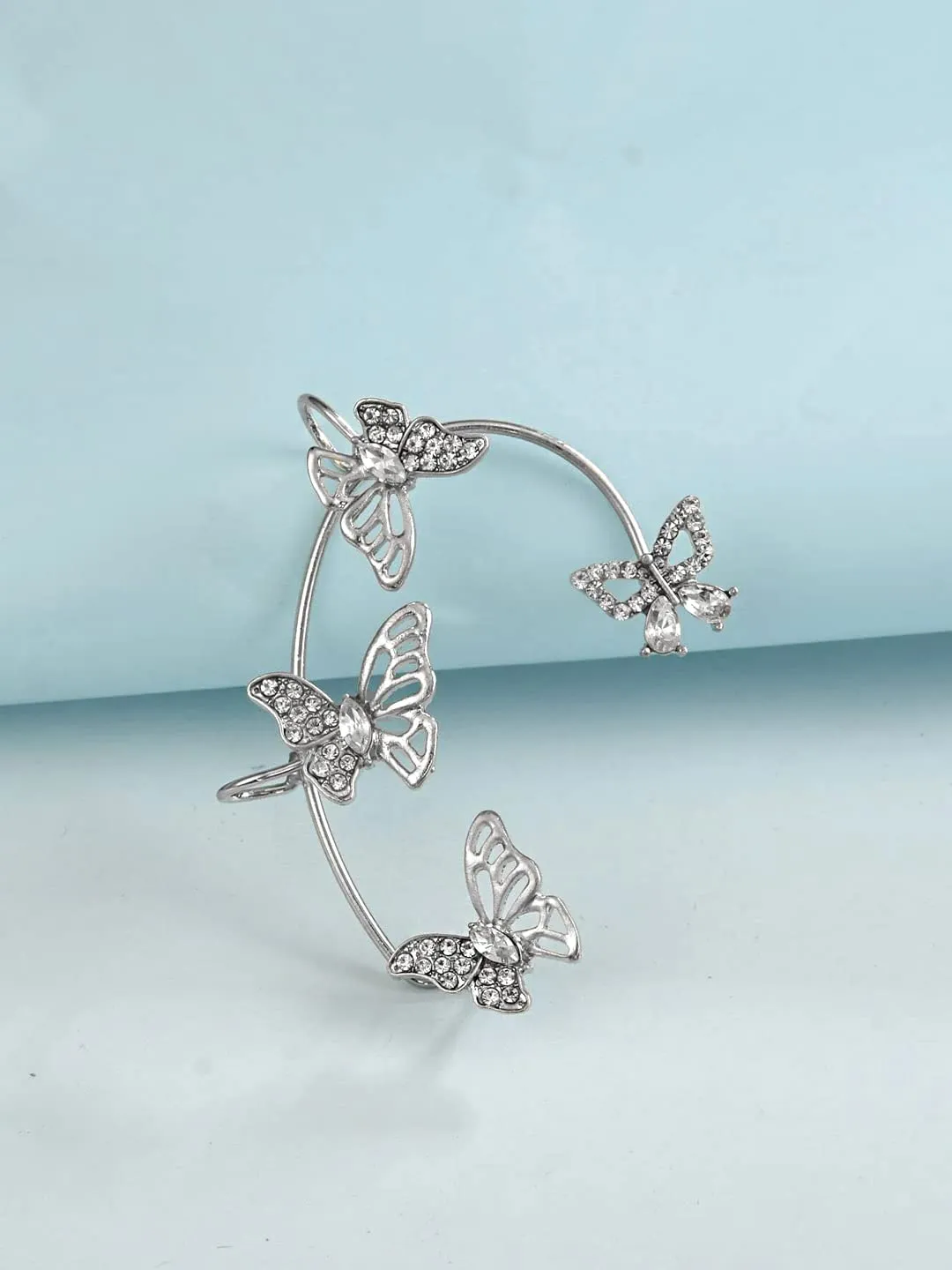 Kairangi Earring For Women Silver Tone Crystal Studded Shiny Non-Pierced Butterfly Designed Earrcuffs For Women and Girls