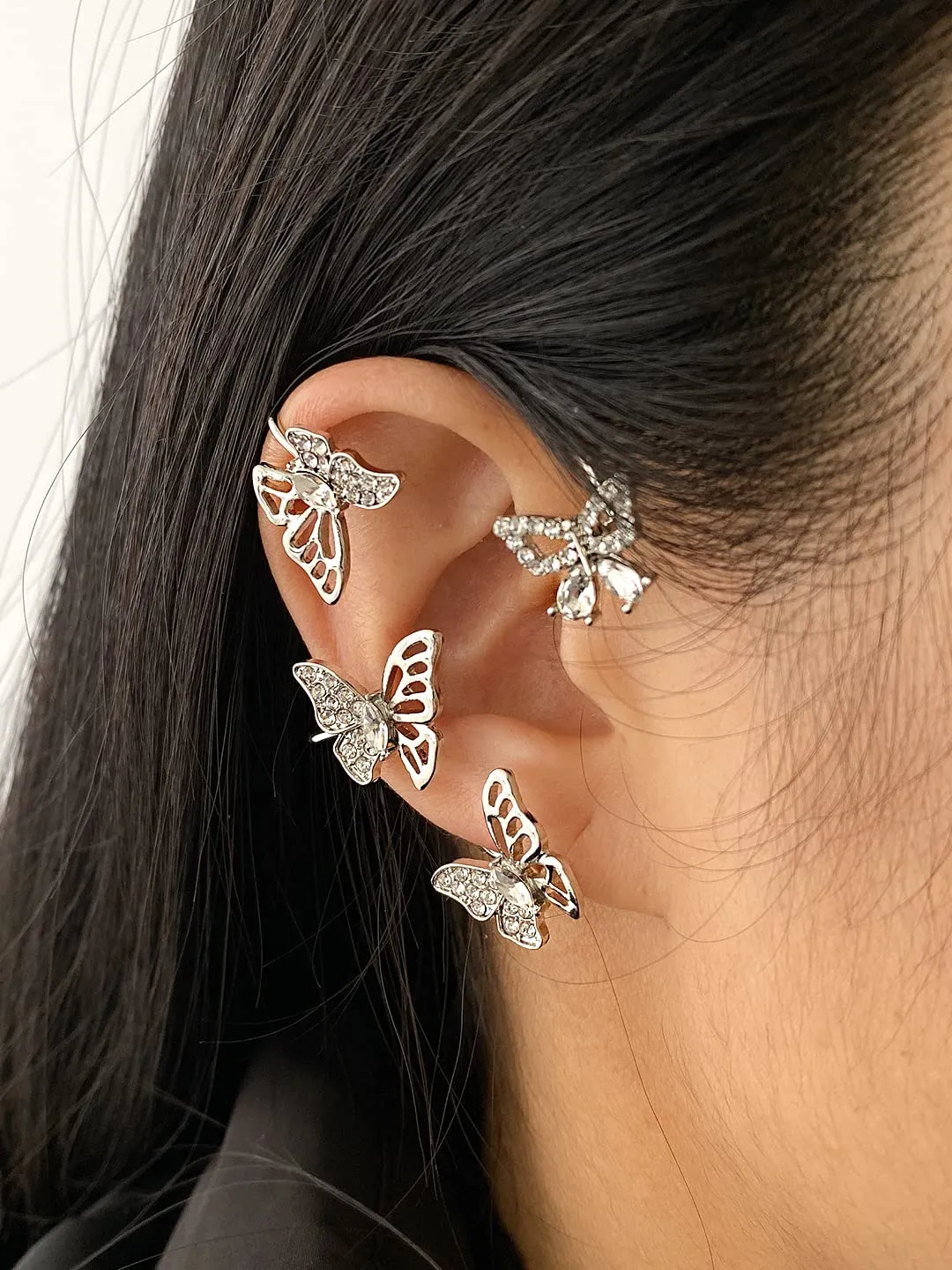 Kairangi Earring For Women Silver Tone Crystal Studded Shiny Non-Pierced Butterfly Designed Earrcuffs For Women and Girls