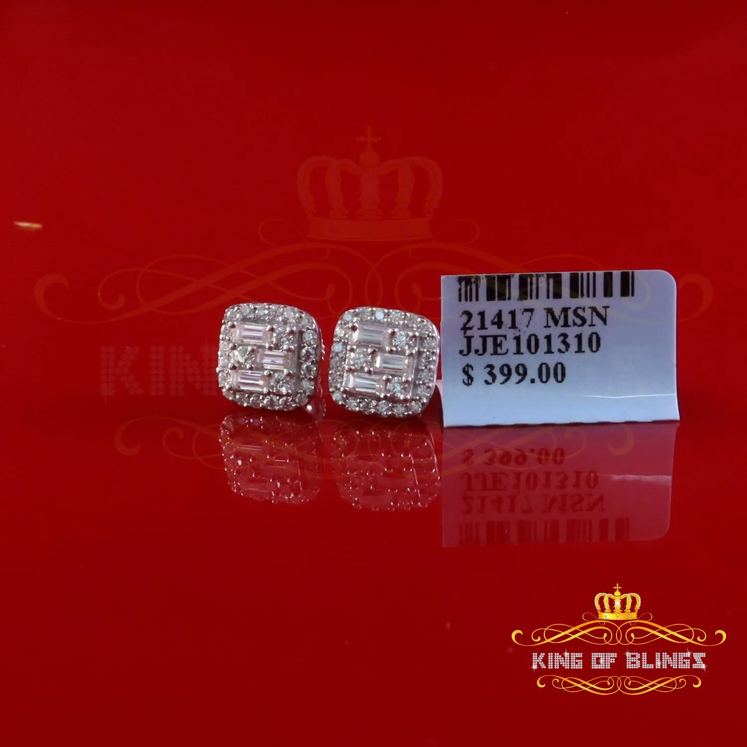 King of Bling's 0.75ct VVS 'D' Baguette Moissanite Men's/Womens 925 Silver White Stud Earrings