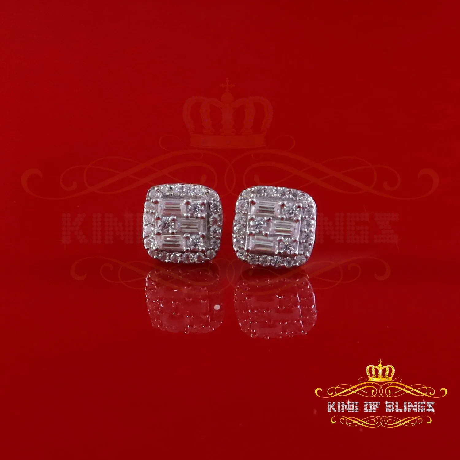 King of Bling's 0.75ct VVS 'D' Baguette Moissanite Men's/Womens 925 Silver White Stud Earrings