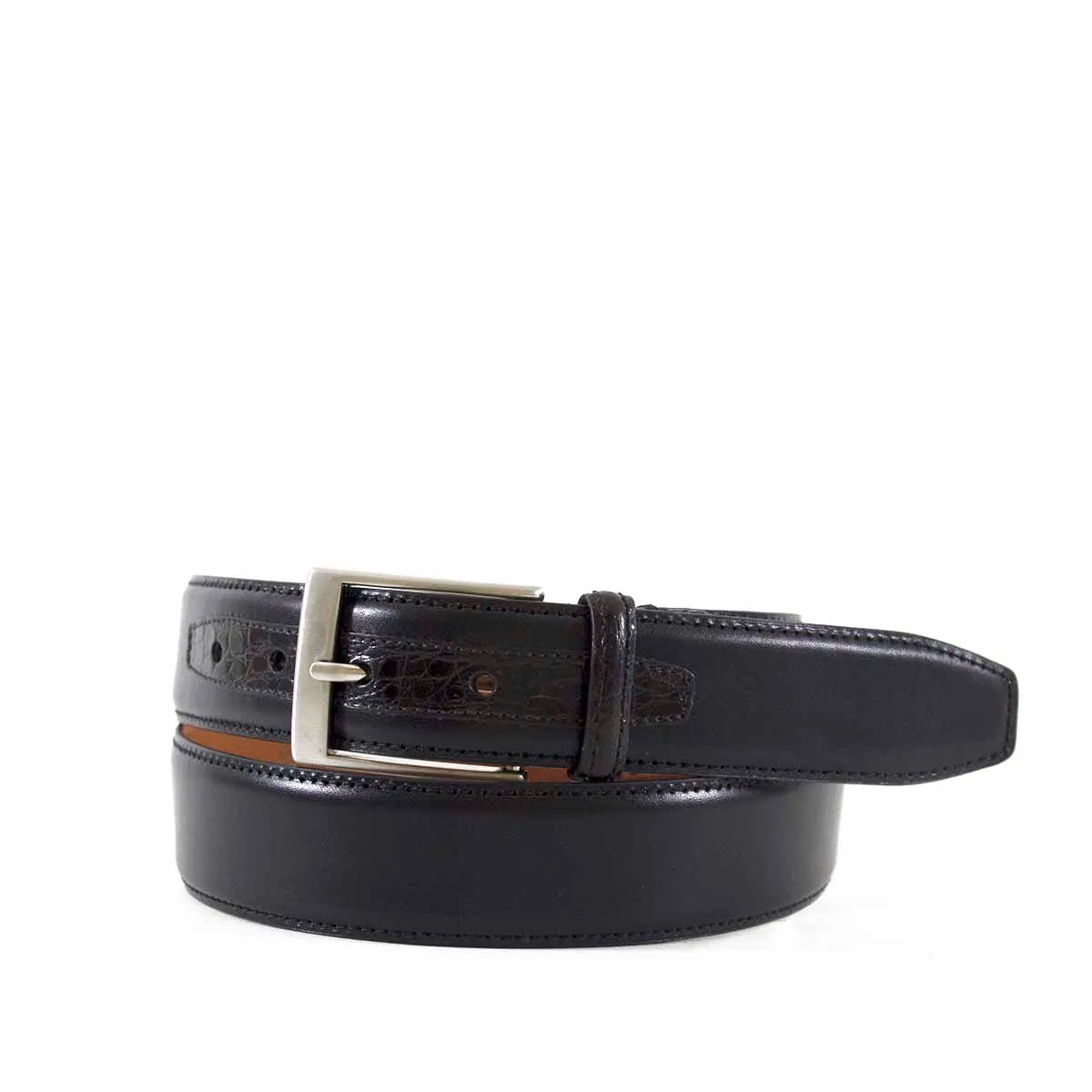 Leather Belt with Genuine Crocodile Tab Detail