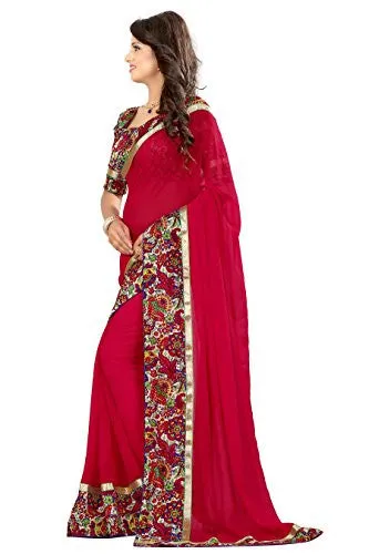 Livie Women's Georgette Sarees Party Wear/Fancy Georgette Sarees/Printed Georgette Sarees - Ruby Red