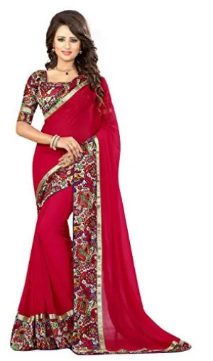 Livie Women's Georgette Sarees Party Wear/Fancy Georgette Sarees/Printed Georgette Sarees - Ruby Red