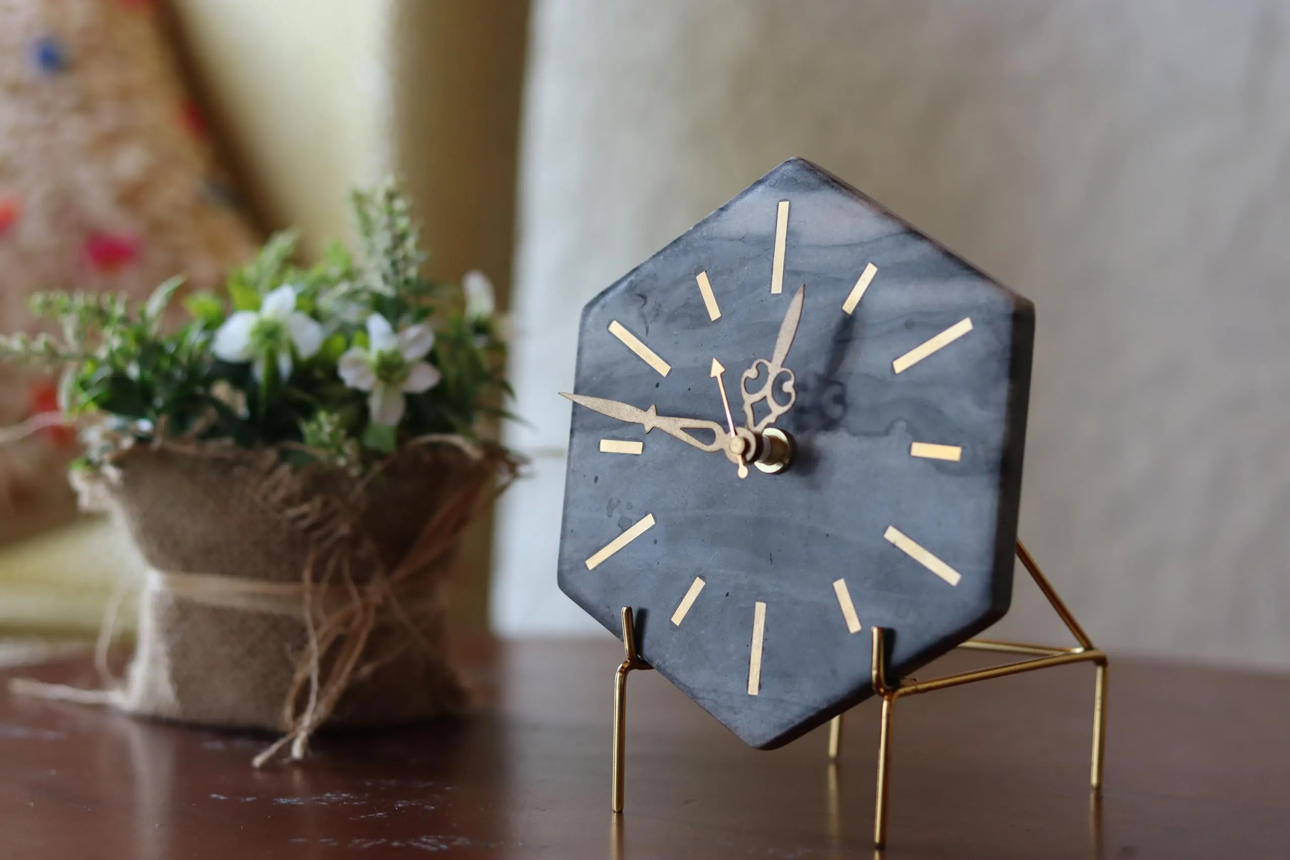 MARMEX Hexagon Marble and Brass Table Clock | Gold Color | Stylish Desk Clock | Marble Stand Clock for Home and Office