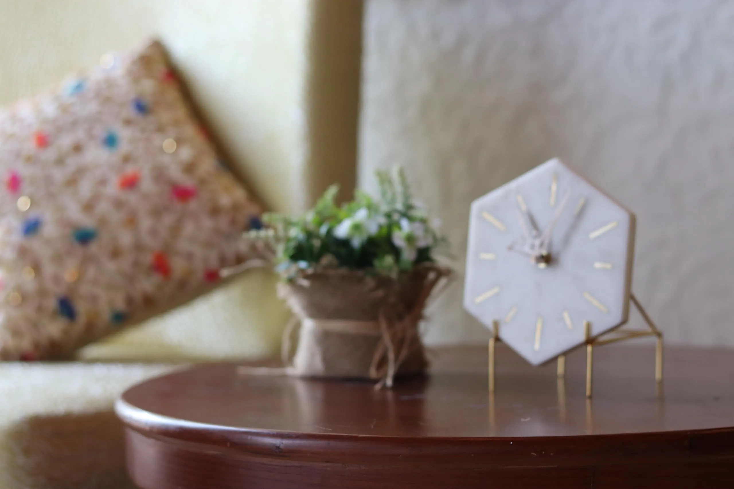 MARMEX Hexagon Marble and Brass Table Clock | Gold Color | Stylish Desk Clock | Marble Stand Clock for Home and Office