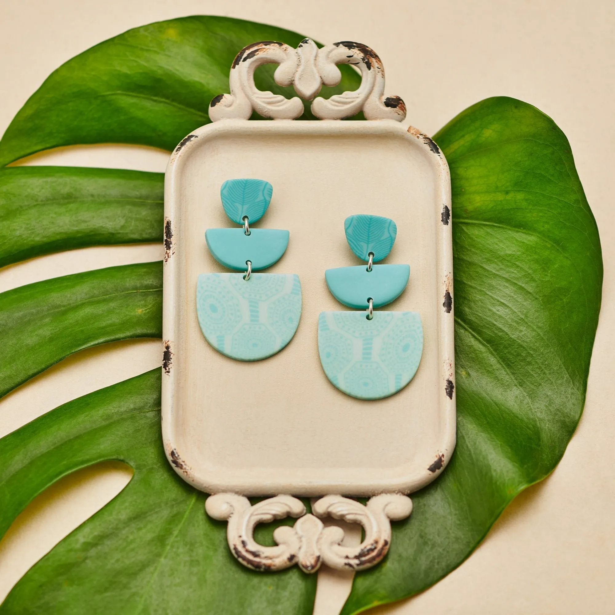 Maui Blue Triple Clay Bezel Post Earrings