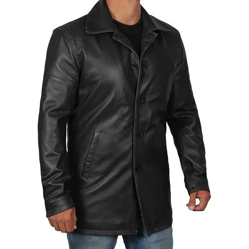 Men Leather Buttoned Long Coat