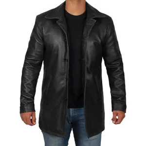 Men Leather Buttoned Long Coat