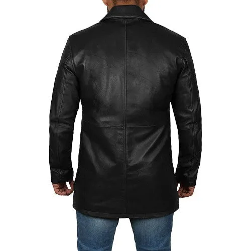 Men Leather Buttoned Long Coat