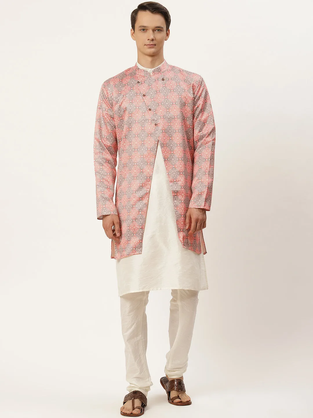 Men's Silk Blend Off White Kurta Pyjama & Rust Sherwani Set - Sojanya