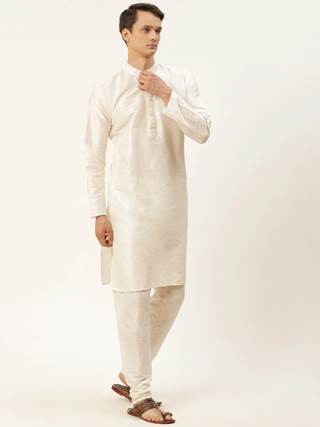 Men's Silk Blend Off White Kurta Pyjama & Rust Sherwani Set - Sojanya