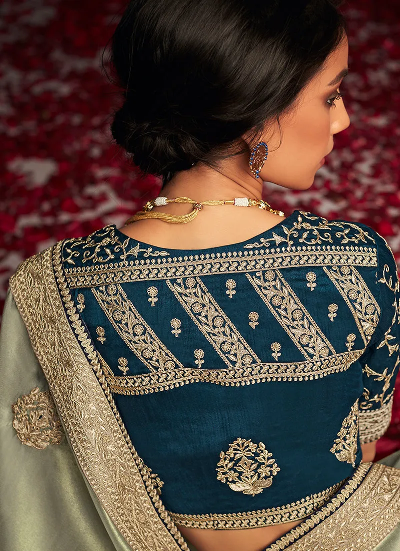 Mint Green And Turquoise Embroidered Organza Silk Saree