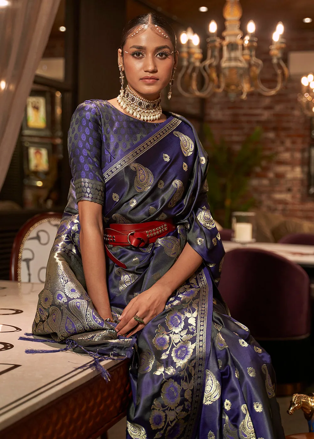 Mulled Wine Blue Fascinating Zari Weaving Banarasi Silk Saree