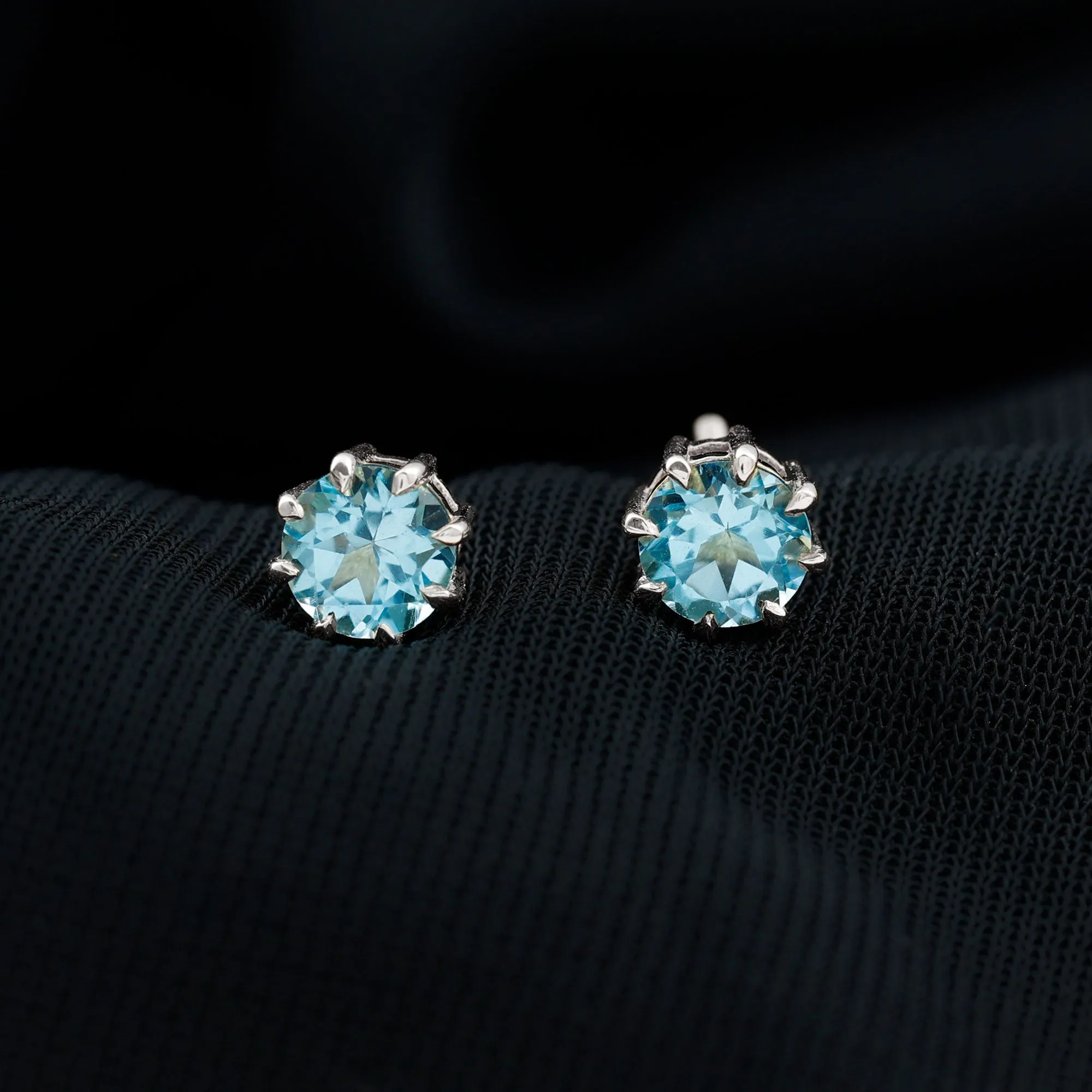 Natural Swiss Blue Topaz Solitaire Stud Earrings in 8 Claw Prong Setting