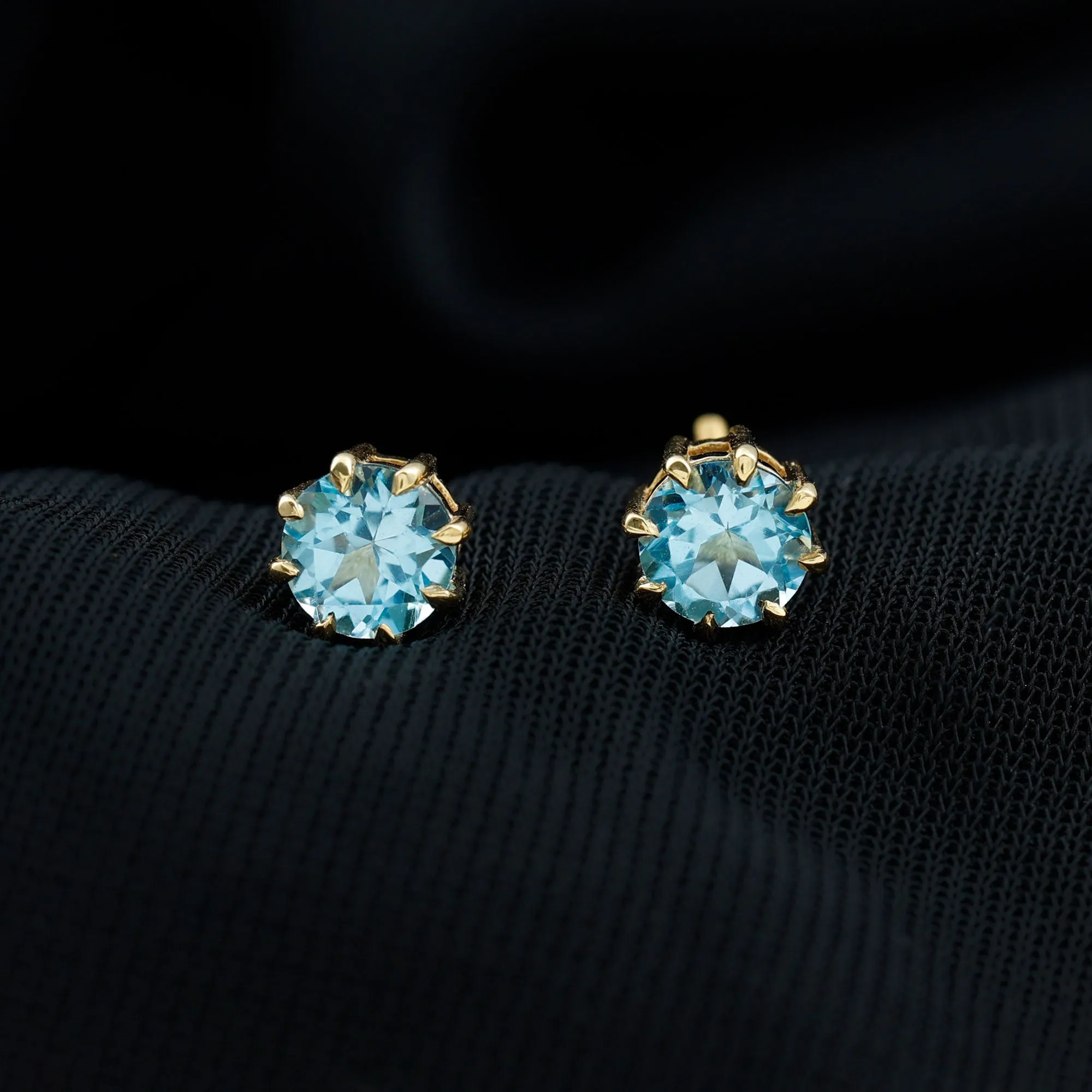 Natural Swiss Blue Topaz Solitaire Stud Earrings in 8 Claw Prong Setting