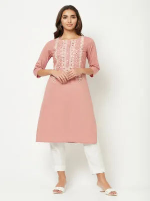 Old Rose-pink Yoke Embroidered Kurta