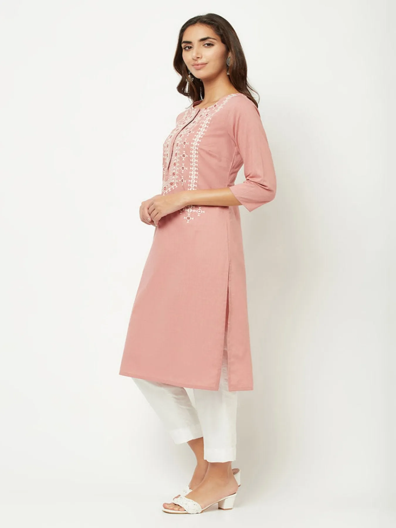 Old Rose-pink Yoke Embroidered Kurta