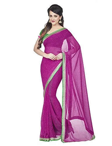 Oomph! Leheriya Georgette Printed Saree With Dupion Silk Blouse And Embroidered Border (Magenta and Blue)