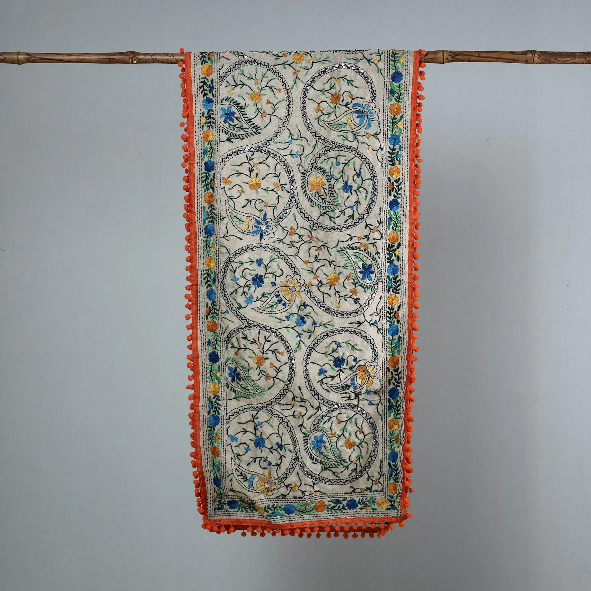 Orange - Ranihati Chanderi Silk Phulkari Embroidered Stole 09