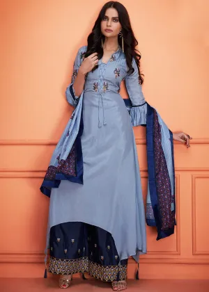 Pale Blue Floral Embroidered Palazzo Suit