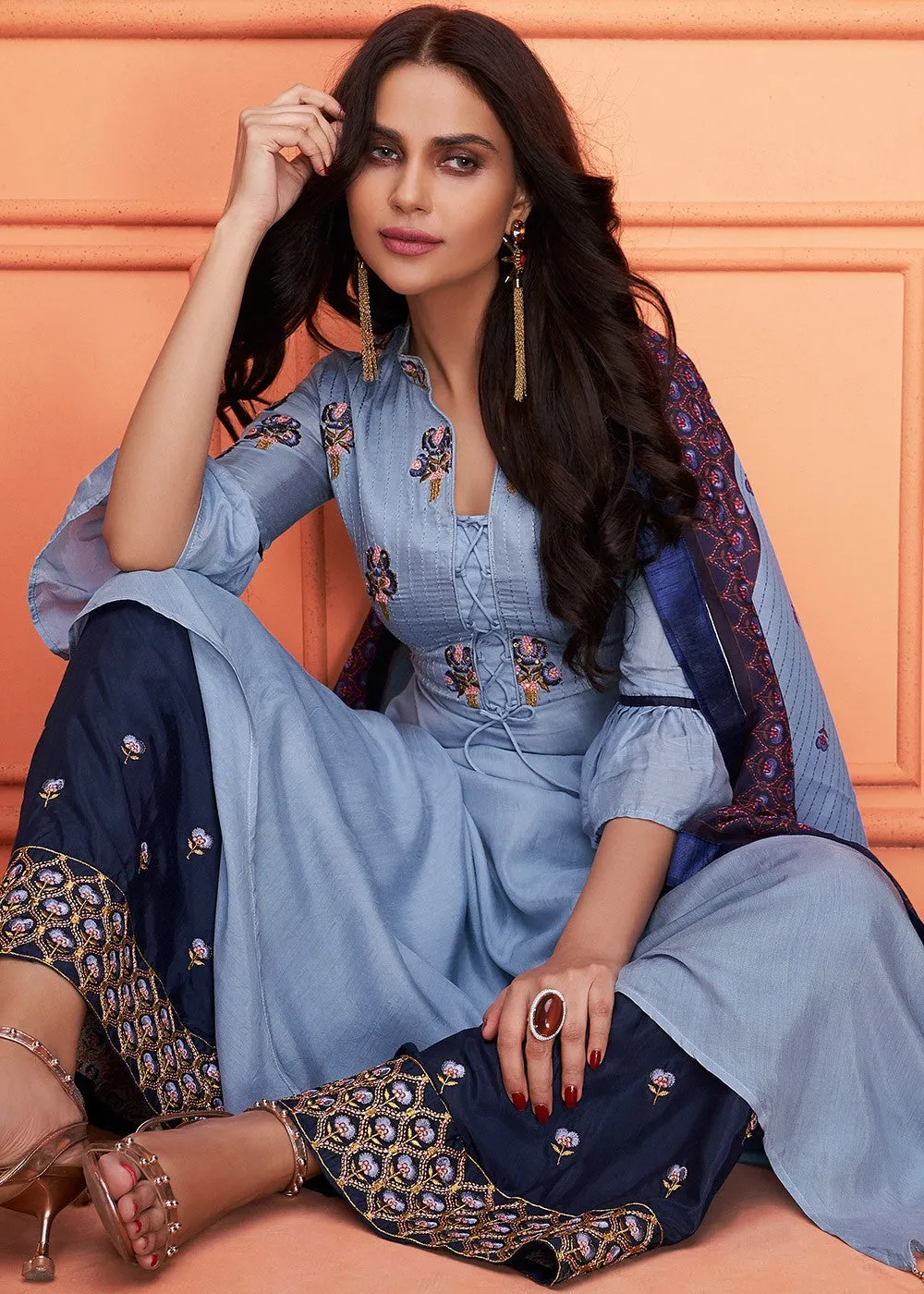 Pale Blue Floral Embroidered Palazzo Suit