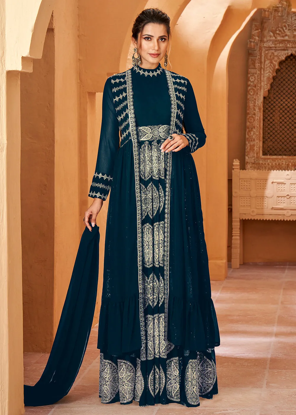 Party Wear Admirable Prussian Blue Jacket Style Anarkali Dress