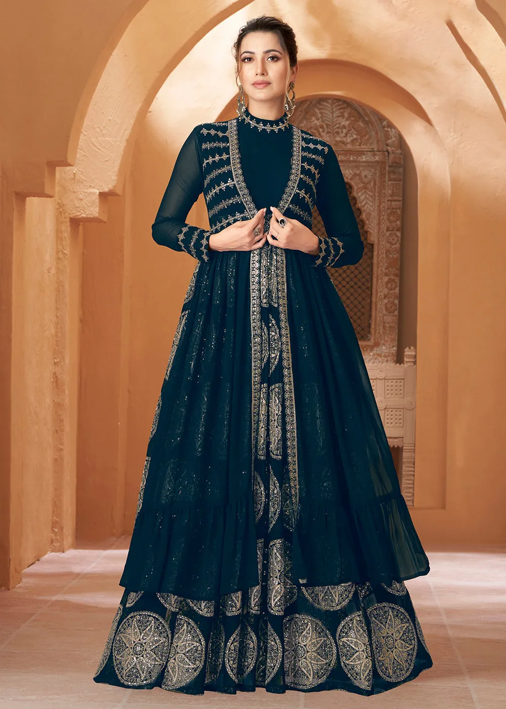 Party Wear Admirable Prussian Blue Jacket Style Anarkali Dress