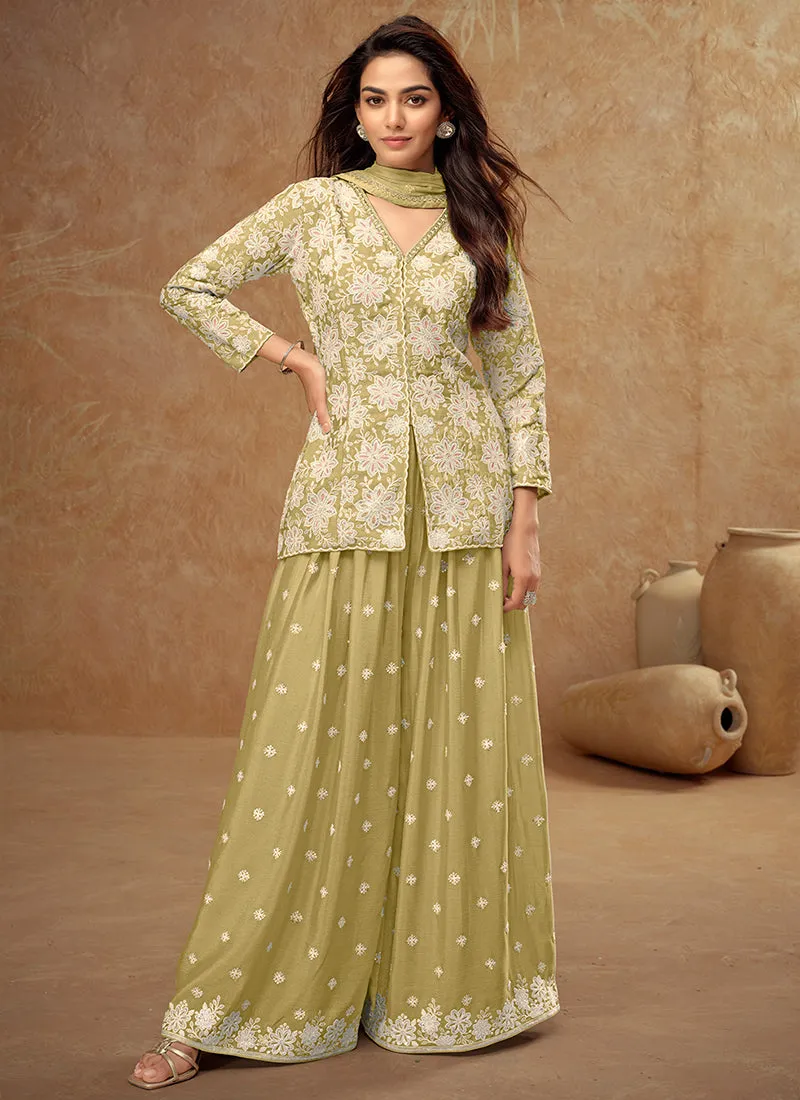 Pastel Green Embroidered Koti Style Kurti And Palazzo Suit