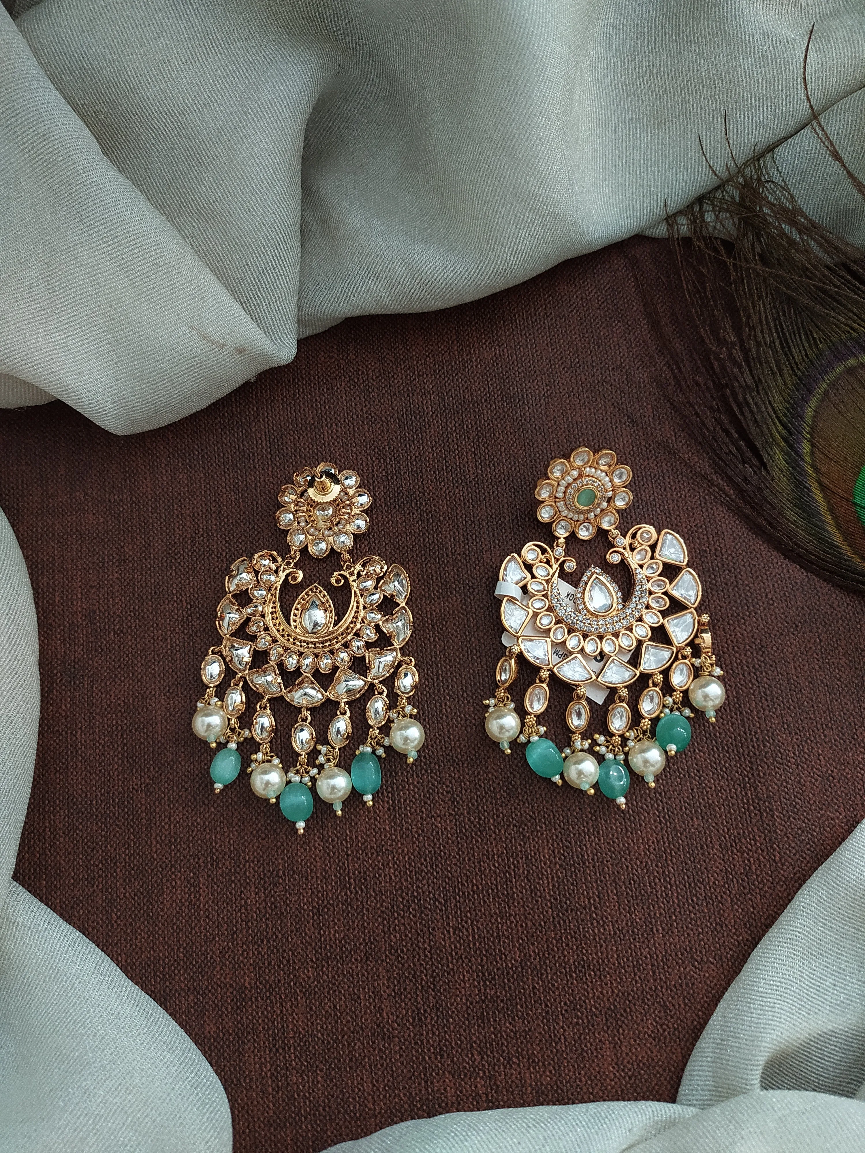 Pastel Mint Kundan Chandbali Earrings with Bead Danglings