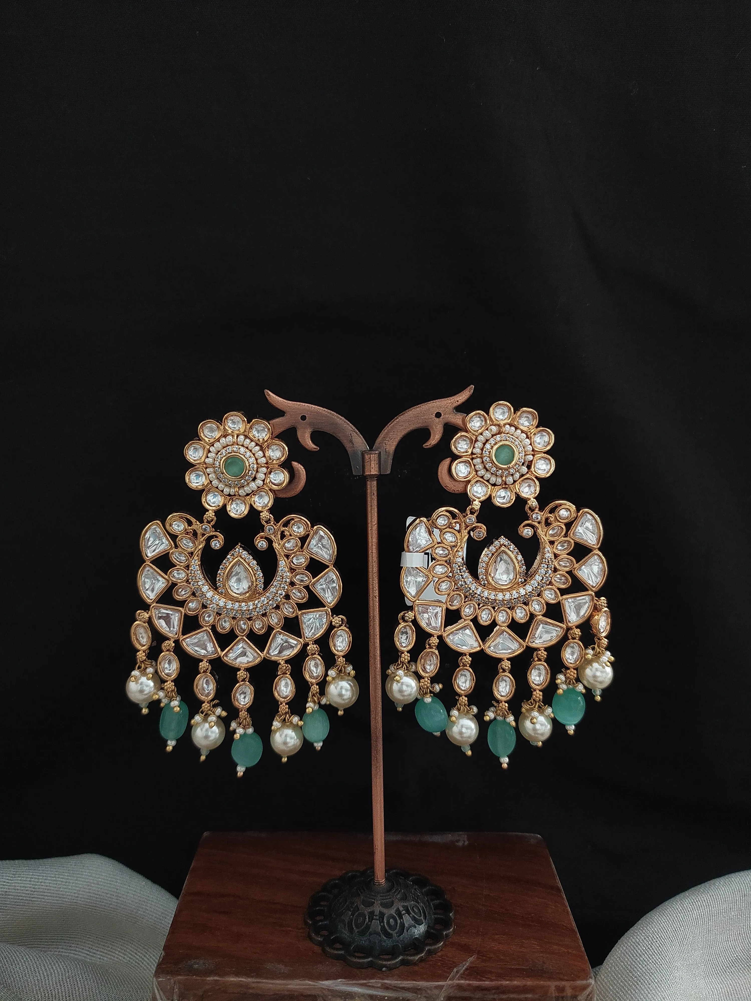 Pastel Mint Kundan Chandbali Earrings with Bead Danglings