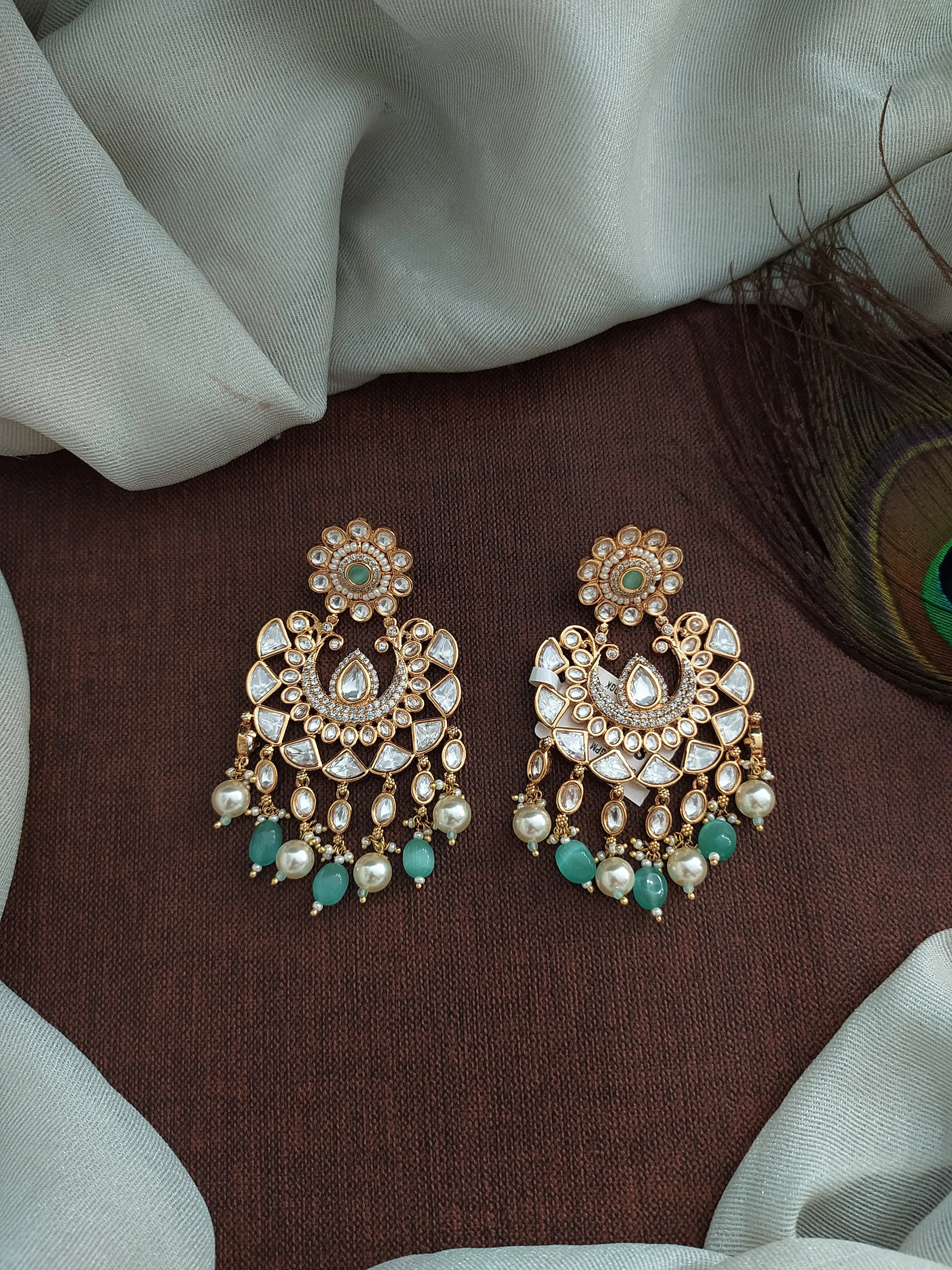 Pastel Mint Kundan Chandbali Earrings with Bead Danglings