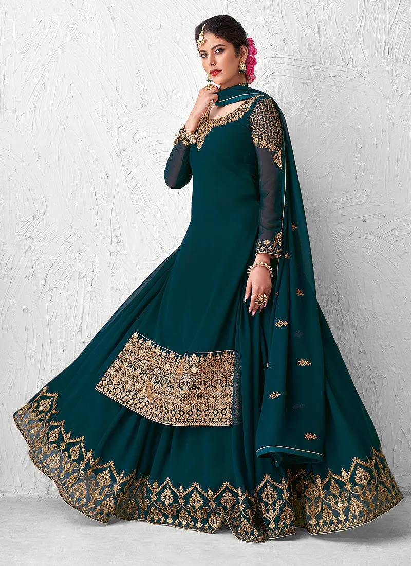 Peacock Green Golden Embroidered Sharara Suit