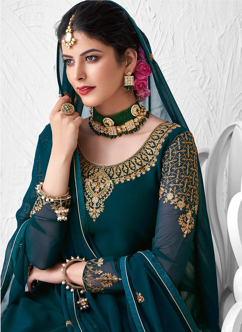 Peacock Green Golden Embroidered Sharara Suit