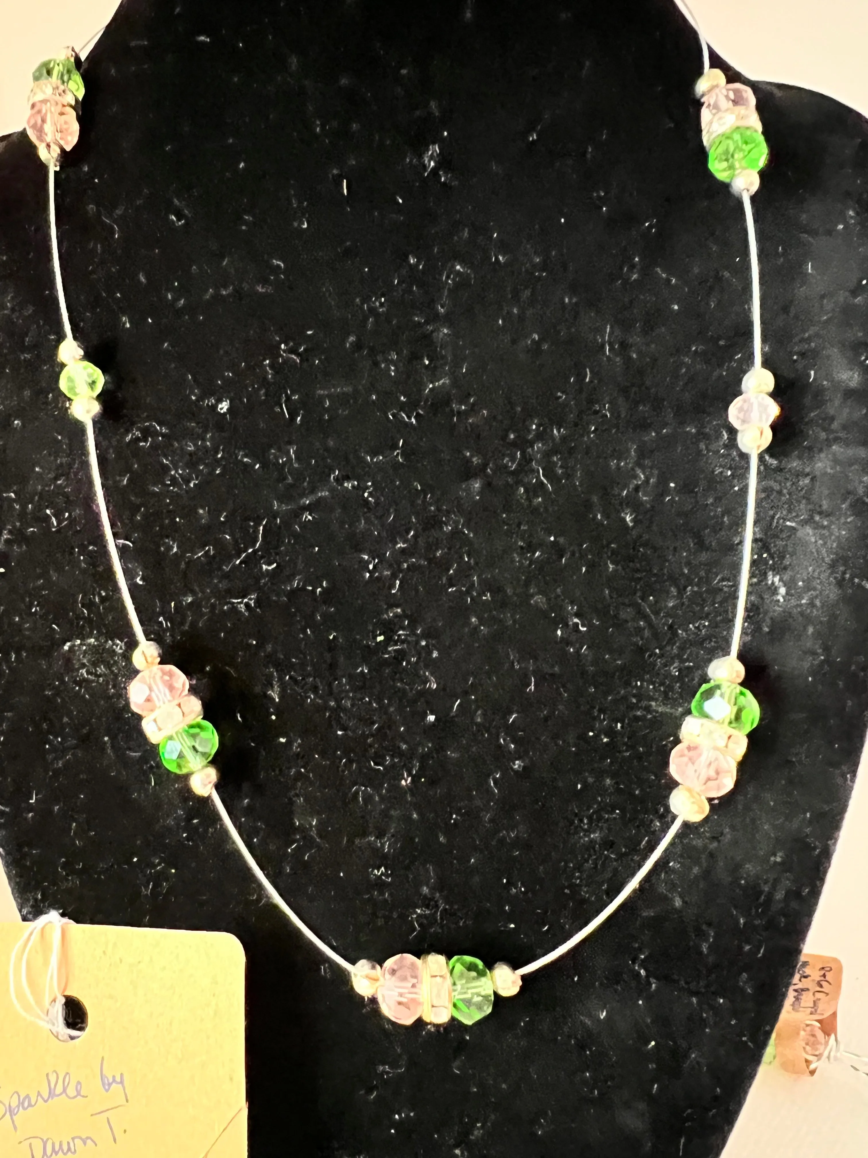 Pink and Green Crystal Floting Necklace, Double Layered Bracelet and Earrings