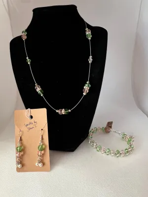 Pink and Green Crystal Floting Necklace, Double Layered Bracelet and Earrings