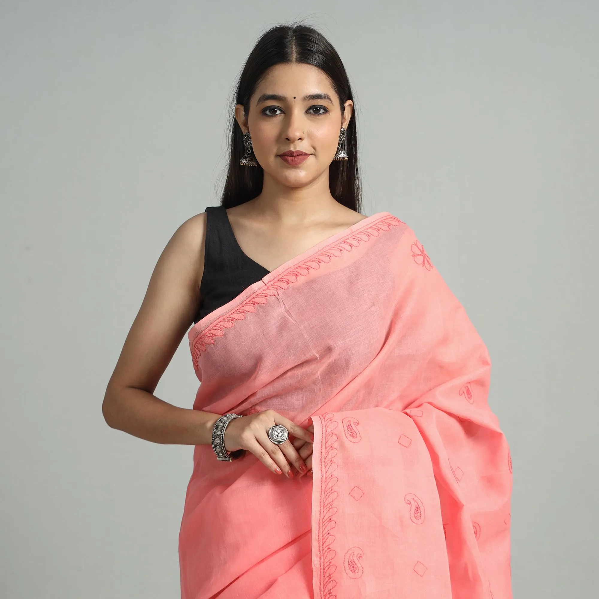 Pink - Lucknow Chikankari Hand Embroidery Terivoile Cotton Saree 11