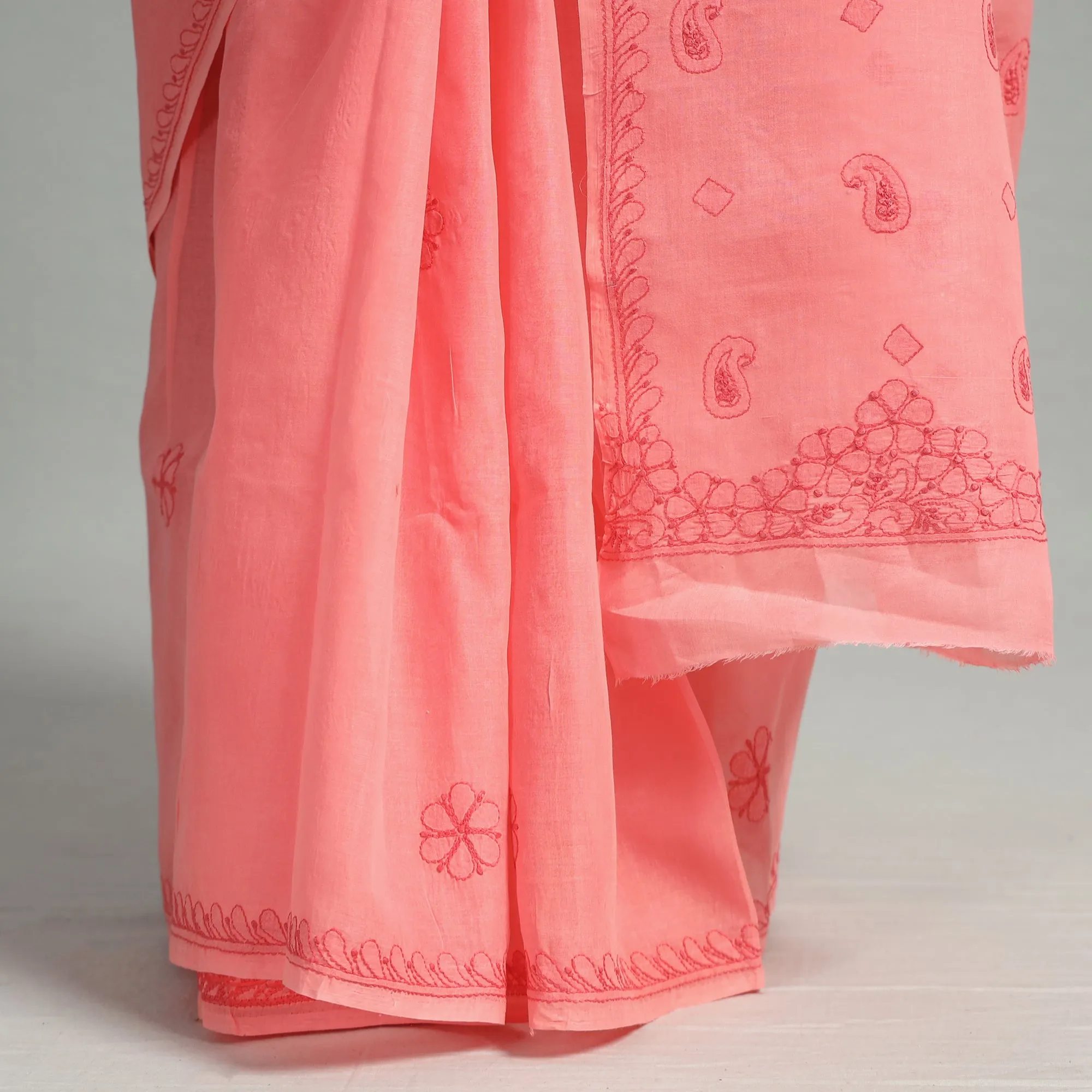 Pink - Lucknow Chikankari Hand Embroidery Terivoile Cotton Saree 11