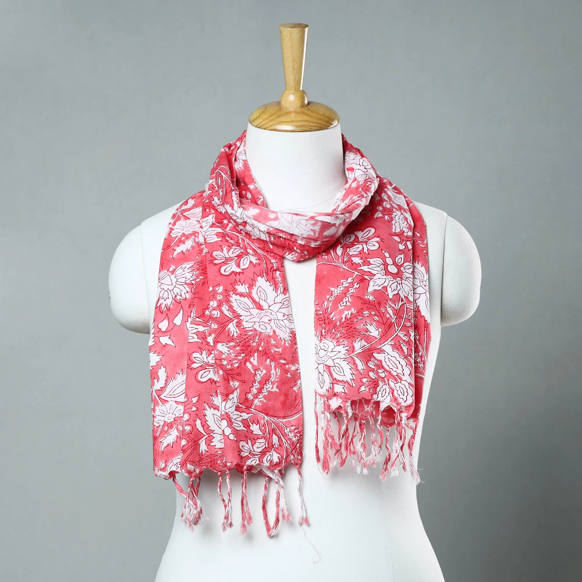 Pink - Sanganeri Block Printed Cotton Stole with Tassels 95