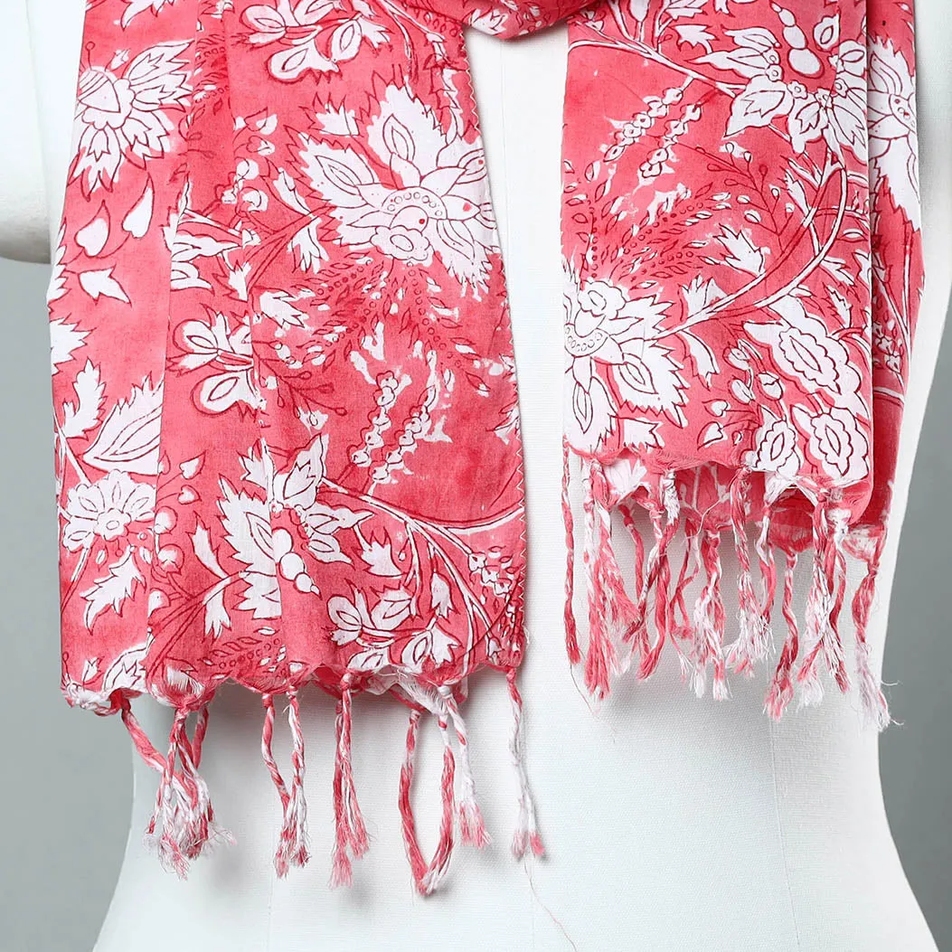 Pink - Sanganeri Block Printed Cotton Stole with Tassels 95