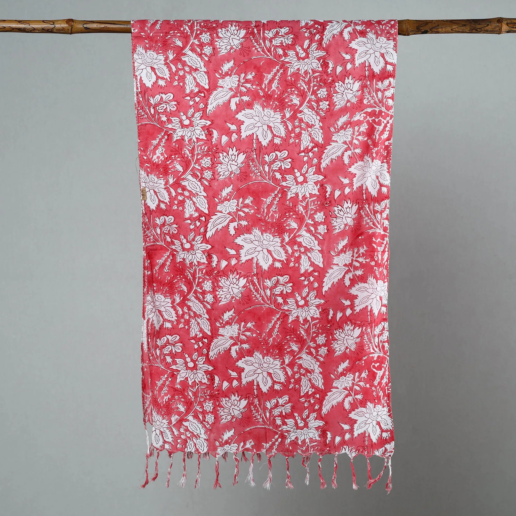 Pink - Sanganeri Block Printed Cotton Stole with Tassels 95