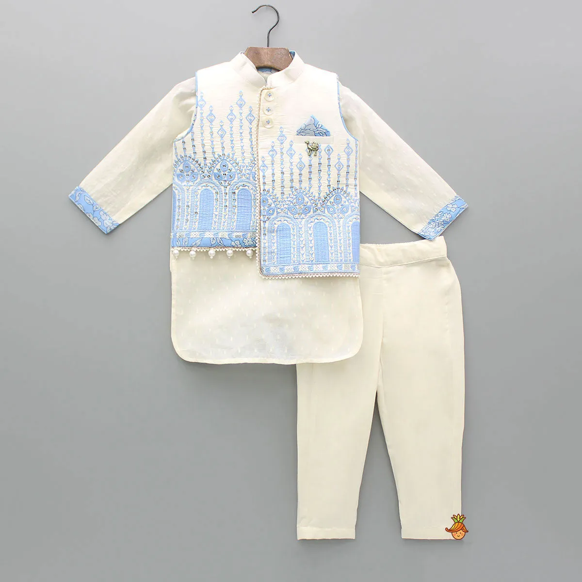 Pre Order: Off White Kurta With Embroidered Stylish Jacket And Pyjama