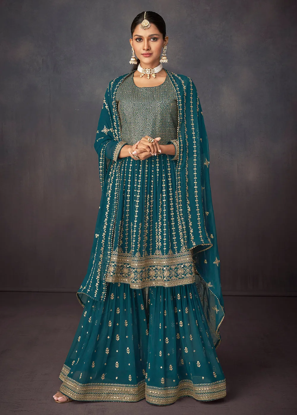 Prussian Blue Georgette Embellished Festive Sharara Suit