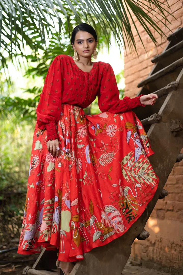 Red Embroidered Skirt Set